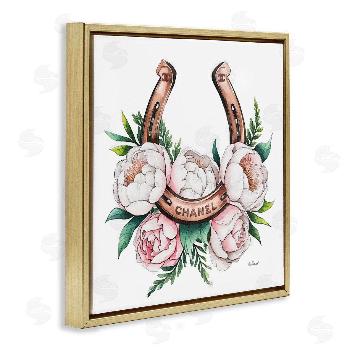 Glam Peonies & Horseshoe Gold Floating Frame Canvas Wall Art, Home Decor by Amanda Greenwood