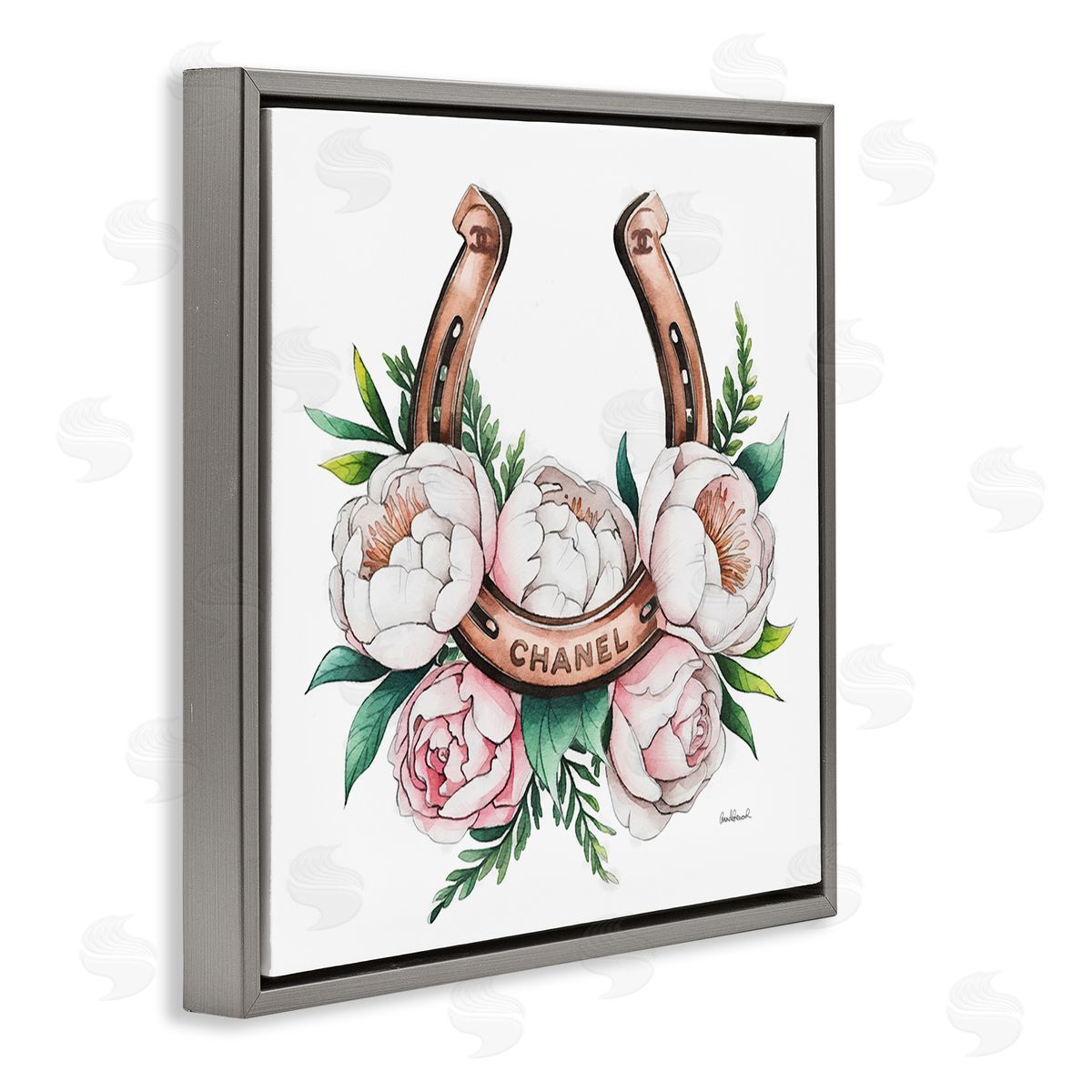 Glam Peonies & Horseshoe Grey Floating Frame Canvas Wall Art, Home Decor by Amanda Greenwood