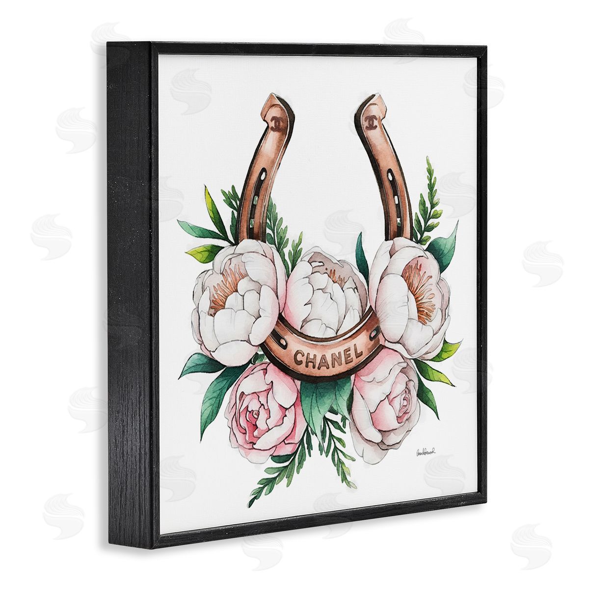 Glam Peonies & Horseshoe Black Frame Print Wall Art, Home Decor by Amanda Greenwood