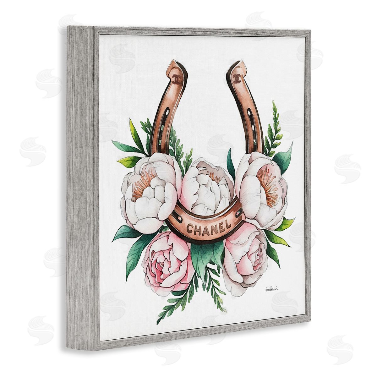 Glam Peonies & Horseshoe Grey Frame Print Wall Art, Home Decor by Amanda Greenwood