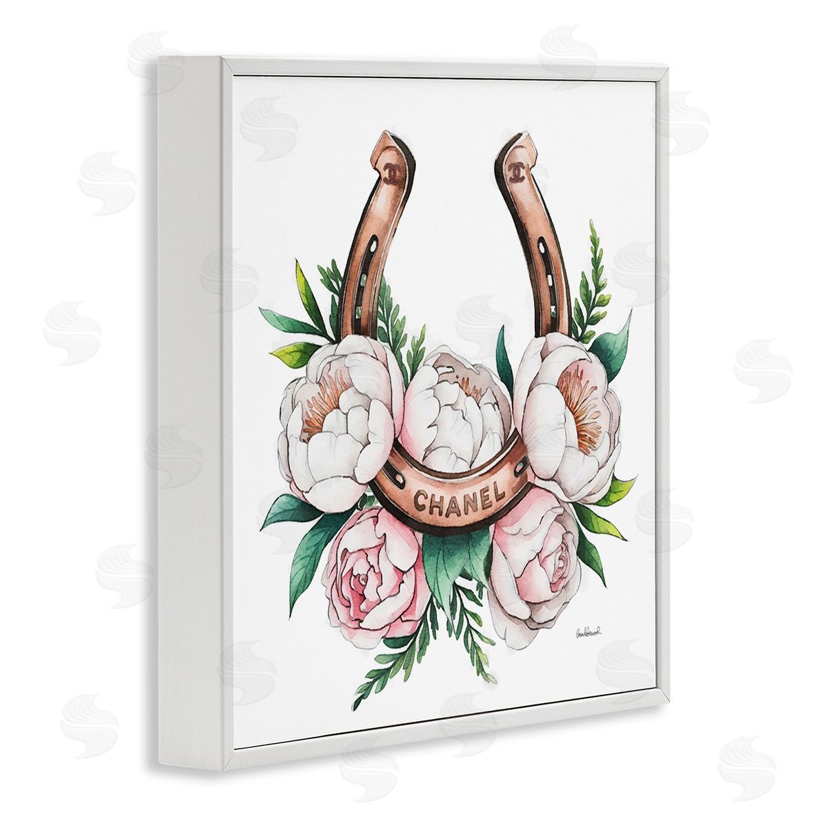 Glam Peonies & Horseshoe White Frame Print Wall Art, Home Decor by Amanda Greenwood