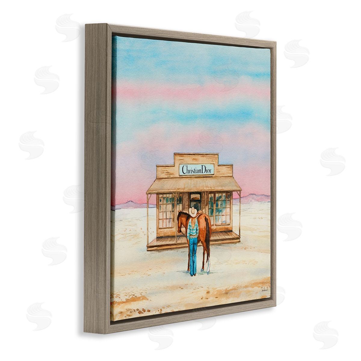 Cowgirl & Horse Shopping Brown Floating Frame Canvas Wall Art, Home Decor by Amanda Greenwood