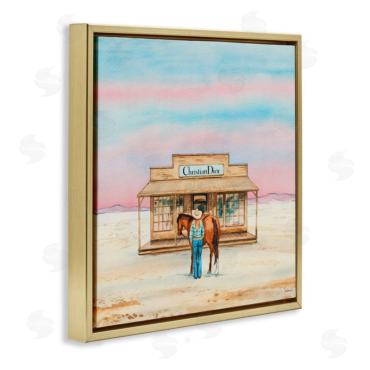 Cowgirl & Horse Shopping Gold Floating Frame Canvas Wall Art, Home Decor by Amanda Greenwood