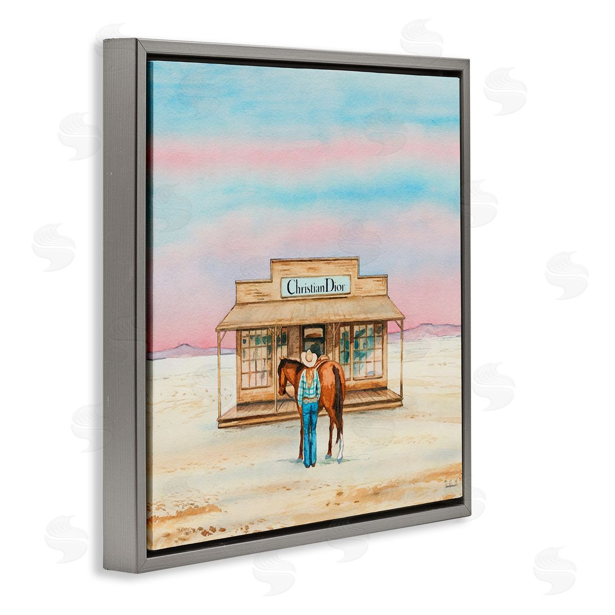 Cowgirl & Horse Shopping Grey Floating Frame Canvas Wall Art, Home Decor by Amanda Greenwood