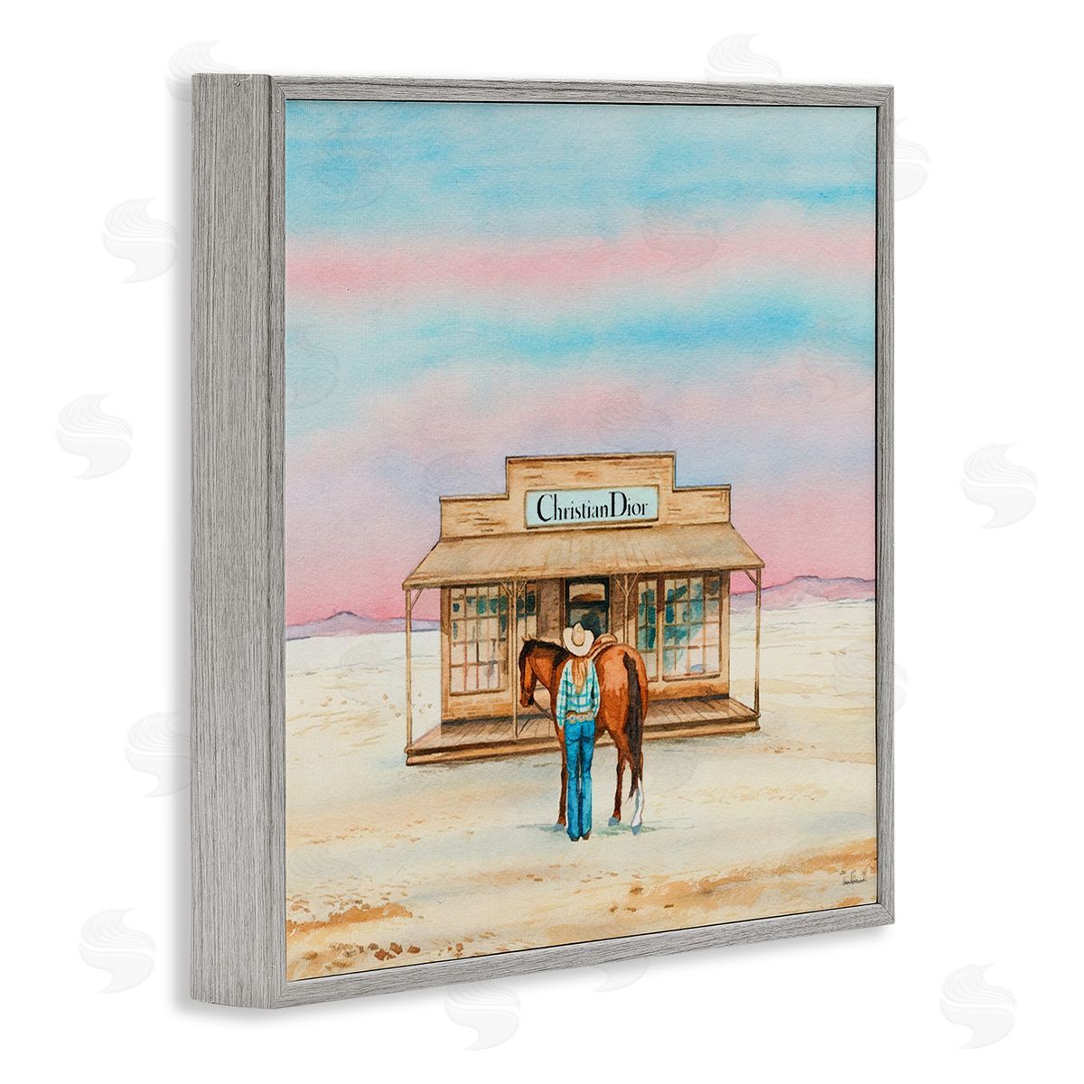 Cowgirl & Horse Shopping Grey Frame Print Wall Art, Home Decor by Amanda Greenwood