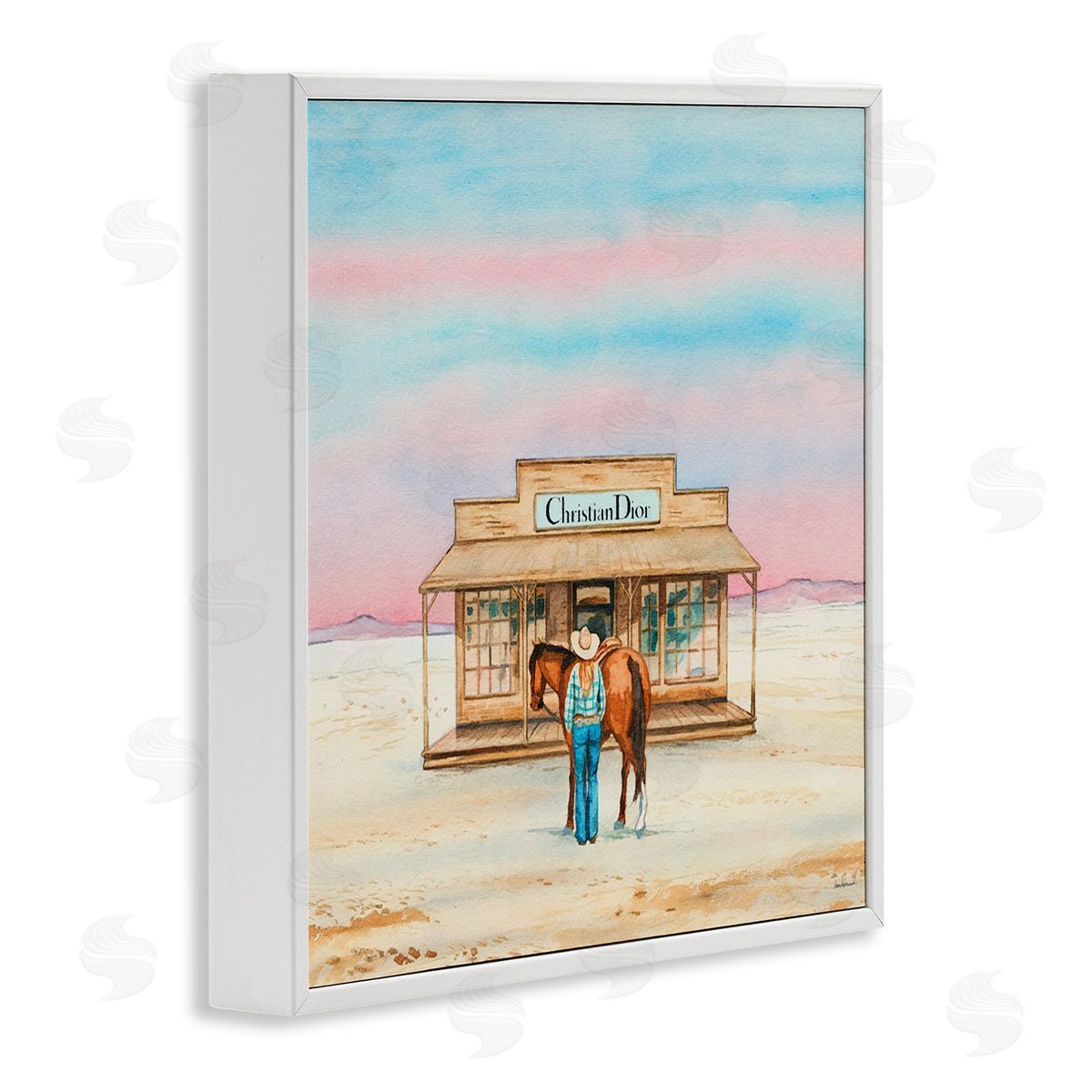 Cowgirl & Horse Shopping White Frame Print Wall Art, Home Decor by Amanda Greenwood