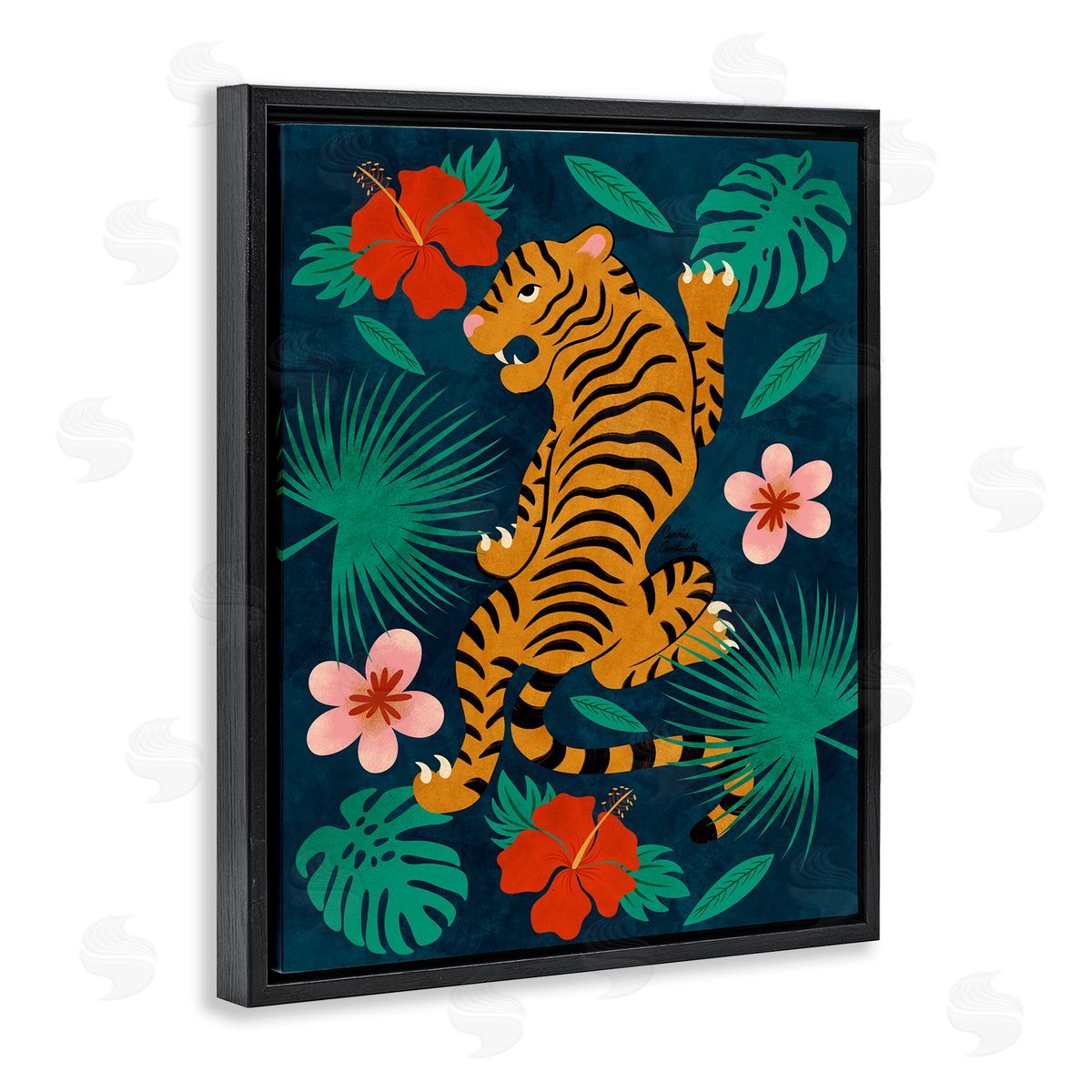 Climbing Tiger Tropics Black Floating Frame Canvas Wall Art, Home Decor by Carrie Cantwell