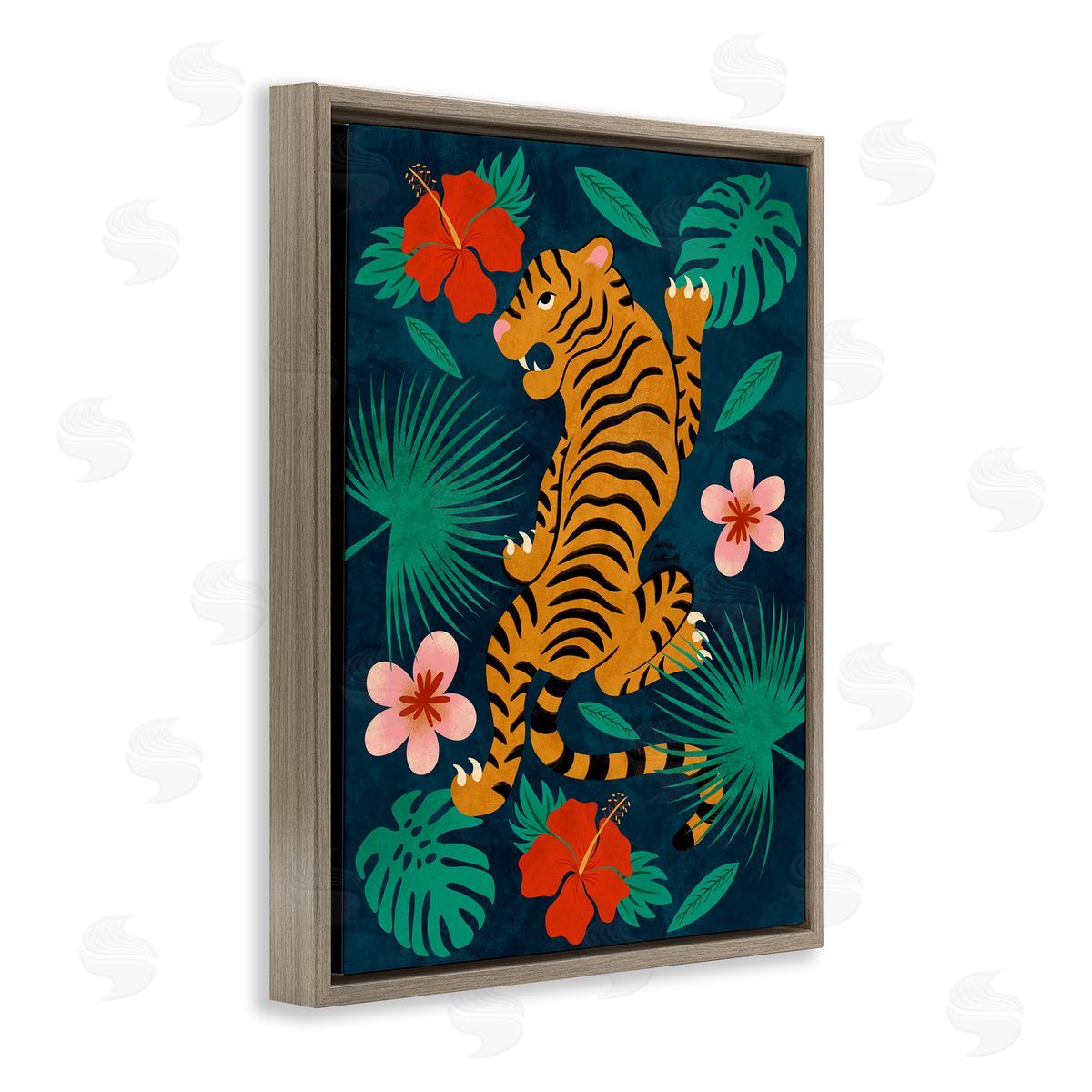 Climbing Tiger Tropics Brown Floating Frame Canvas Wall Art, Home Decor by Carrie Cantwell