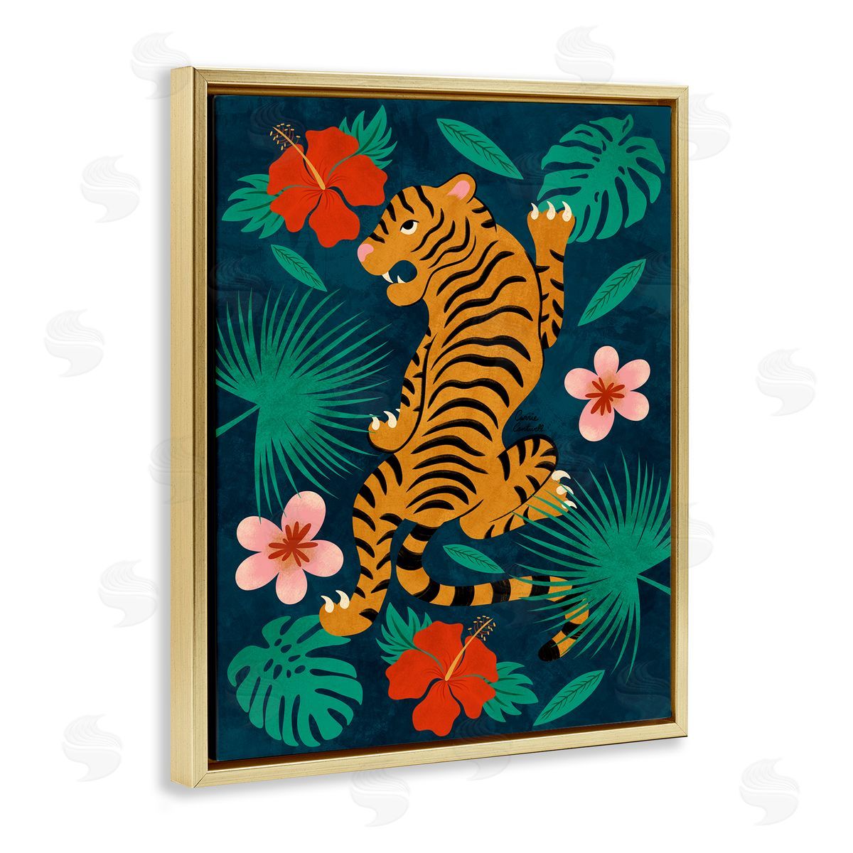Climbing Tiger Tropics Gold Floating Frame Canvas Wall Art, Home Decor by Carrie Cantwell