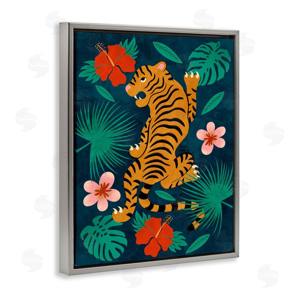 Climbing Tiger Tropics Grey Floating Frame Canvas Wall Art, Home Decor by Carrie Cantwell