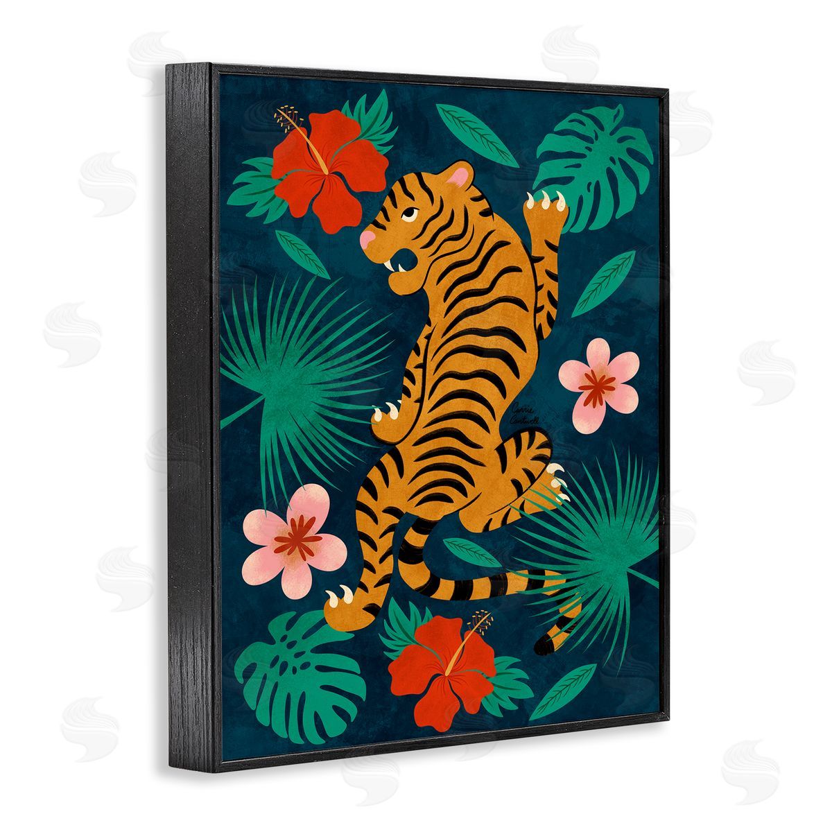 Climbing Tiger Tropics Black Frame Print Wall Art, Home Decor by Carrie Cantwell
