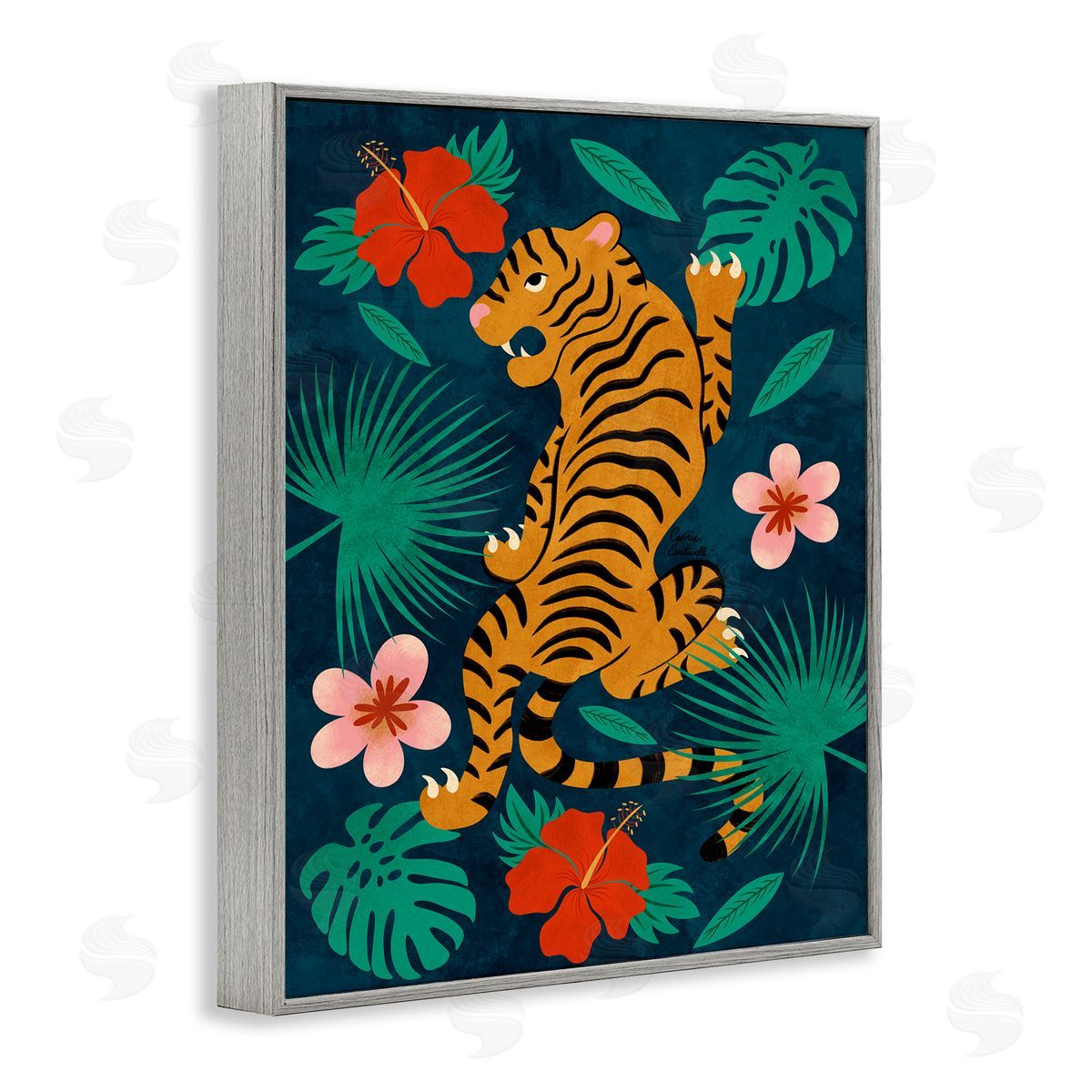 Climbing Tiger Tropics Grey Frame Print Wall Art, Home Decor by Carrie Cantwell