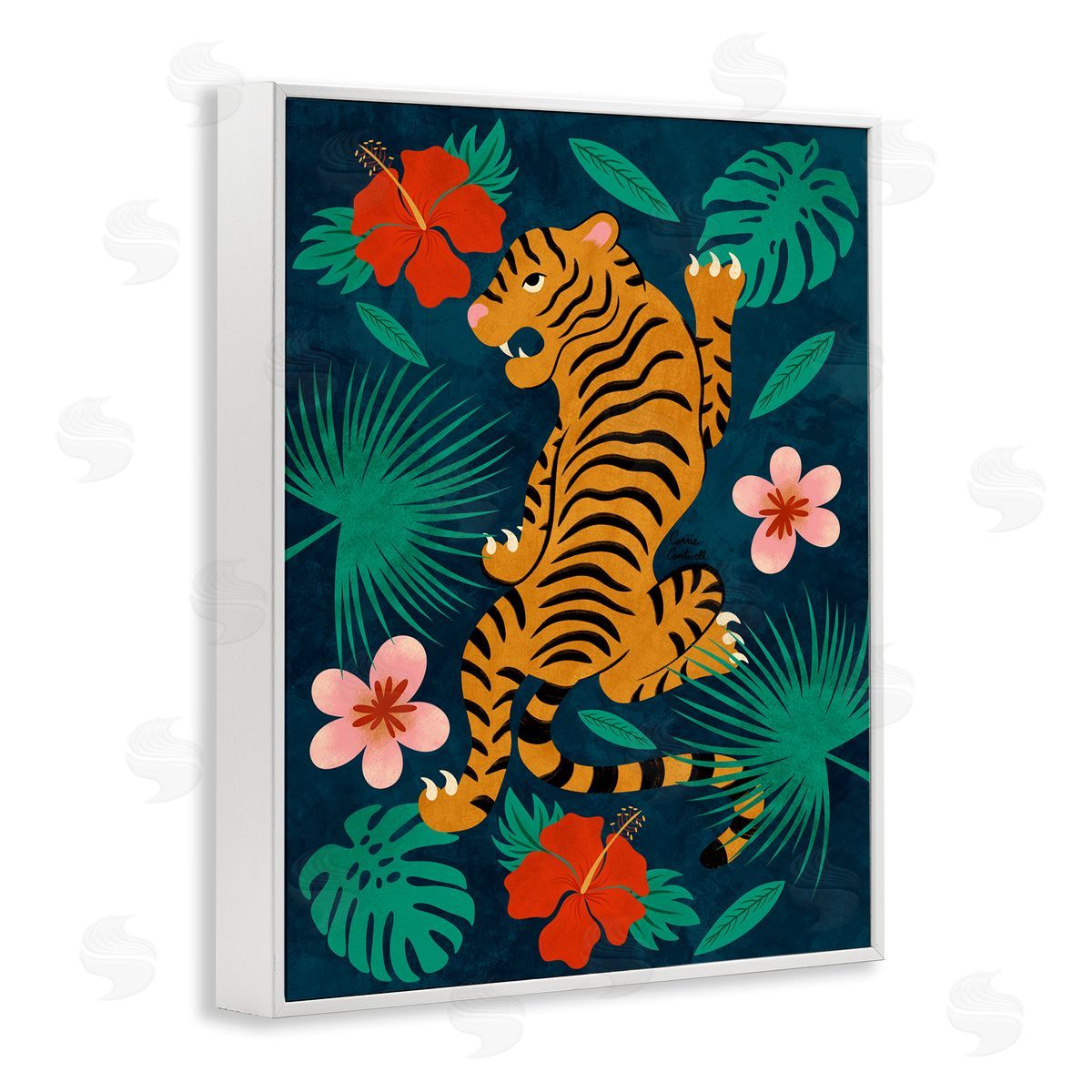 Climbing Tiger Tropics White Frame Print Wall Art, Home Decor by Carrie Cantwell