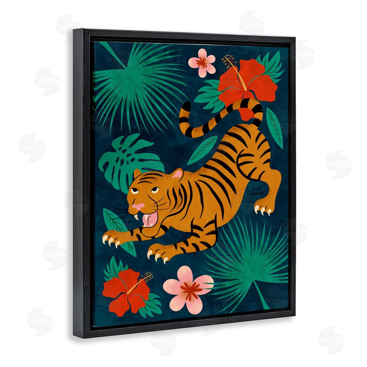 Crouching Tiger Tropics Black Floating Frame Canvas Wall Art, Home Decor by Carrie Cantwell