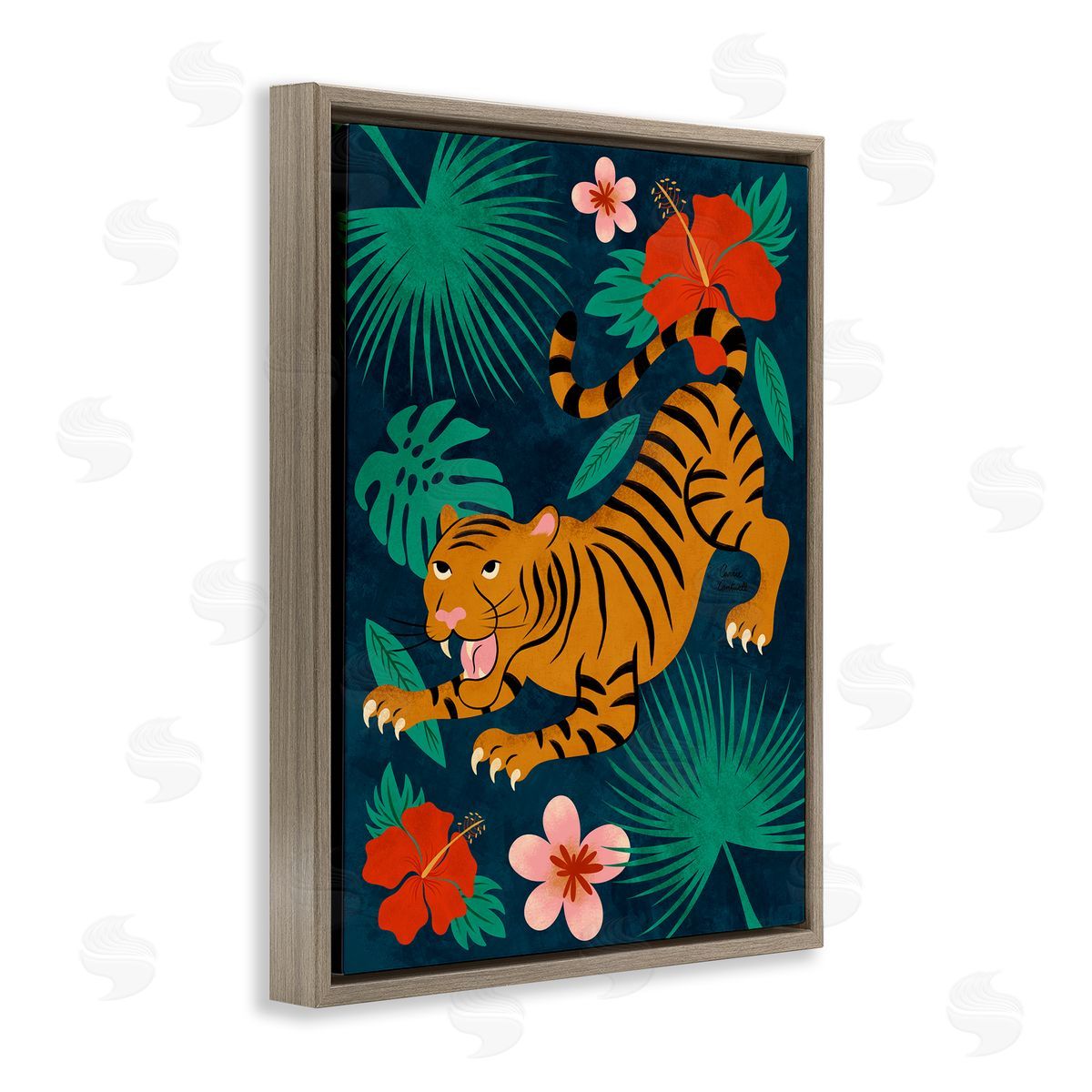 Crouching Tiger Tropics Brown Floating Frame Canvas Wall Art, Home Decor by Carrie Cantwell