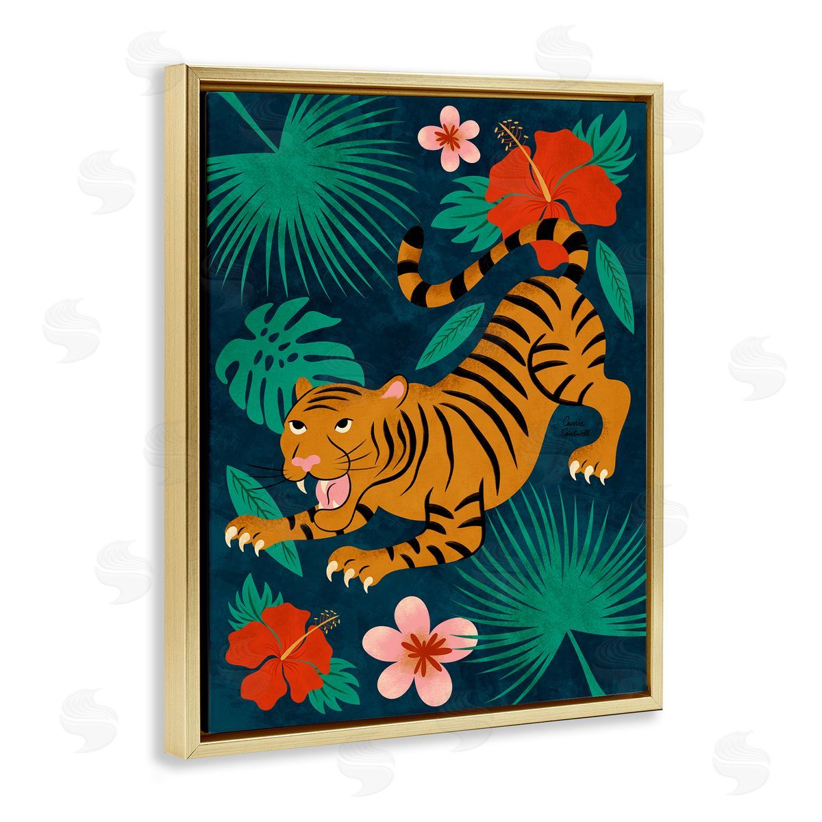 Crouching Tiger Tropics Gold Floating Frame Canvas Wall Art, Home Decor by Carrie Cantwell