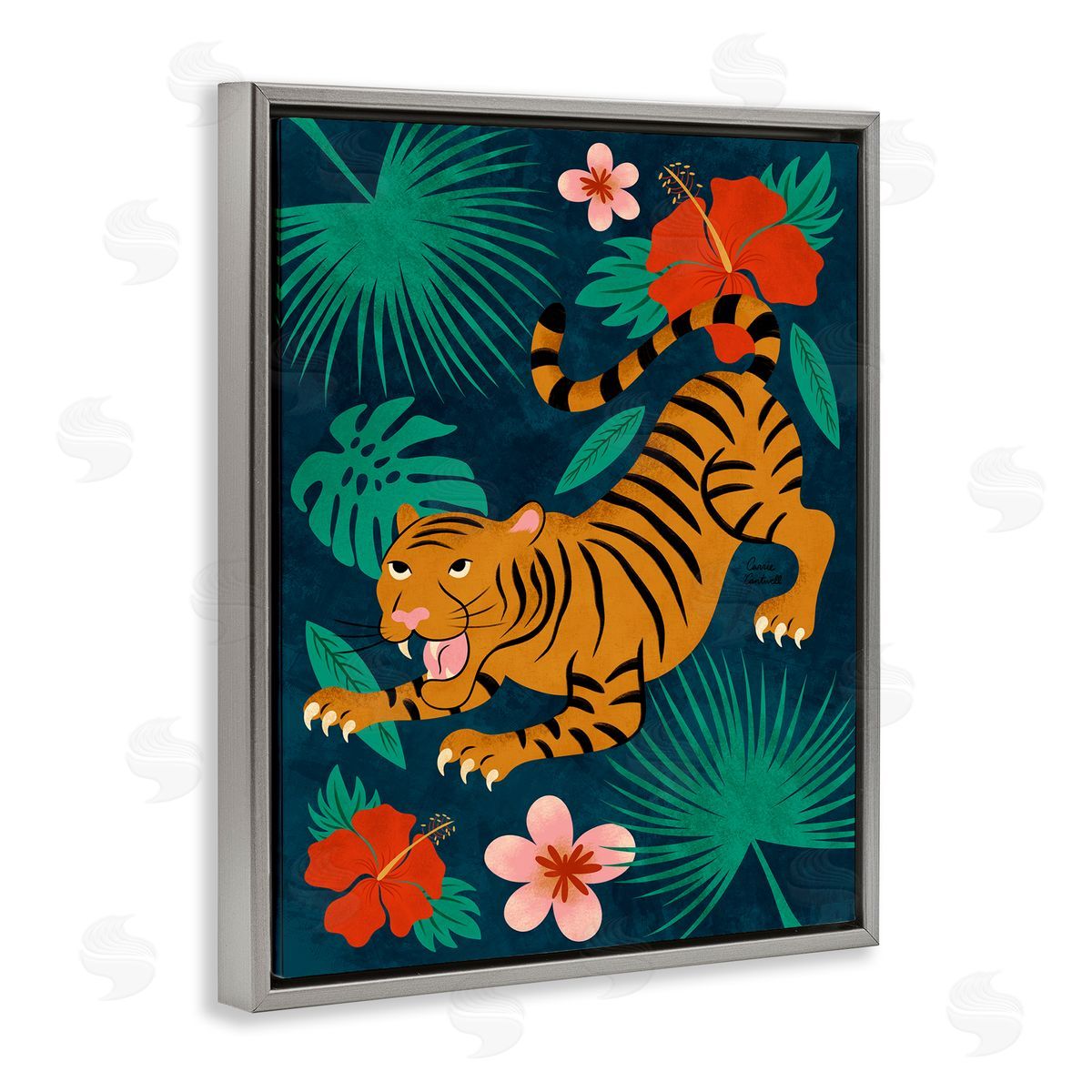 Crouching Tiger Tropics Grey Floating Frame Canvas Wall Art, Home Decor by Carrie Cantwell