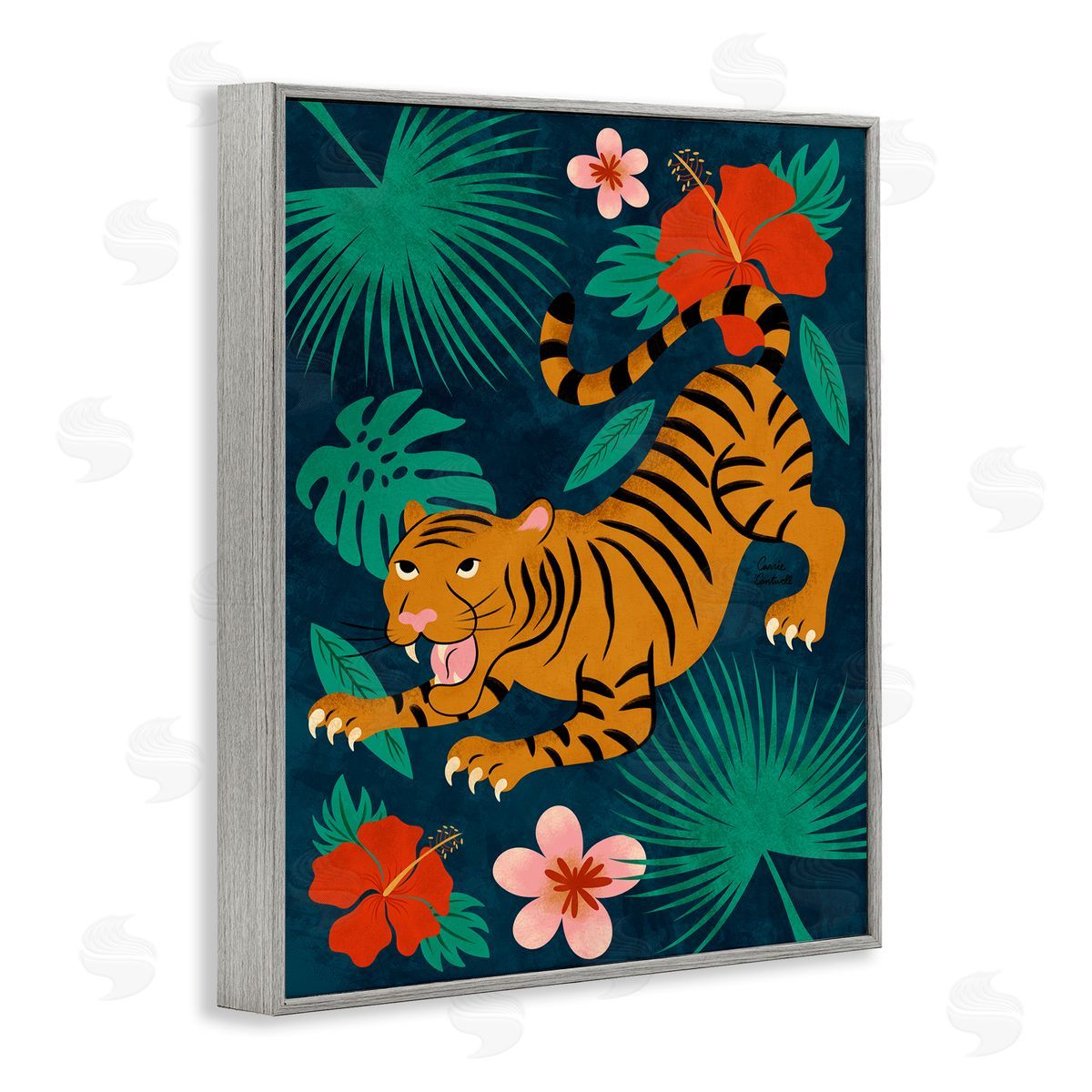 Crouching Tiger Tropics Grey Frame Print Wall Art, Home Decor by Carrie Cantwell