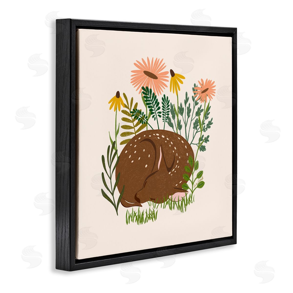 Sleeping Deer Among Daisies Black Floating Frame Canvas Wall Art, Home Decor by Carrie Cantwell
