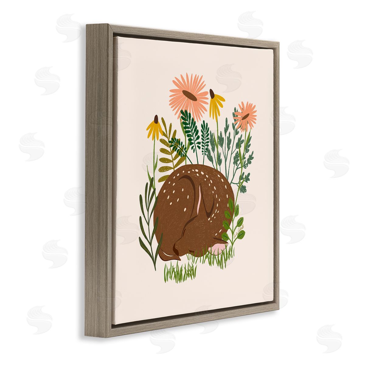 Sleeping Deer Among Daisies Brown Floating Frame Canvas Wall Art, Home Decor by Carrie Cantwell
