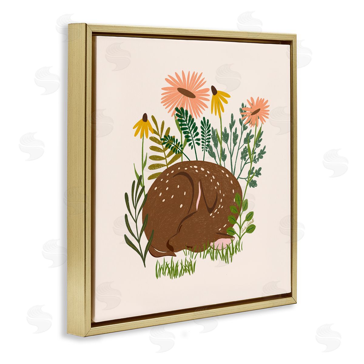 Sleeping Deer Among Daisies Gold Floating Frame Canvas Wall Art, Home Decor by Carrie Cantwell
