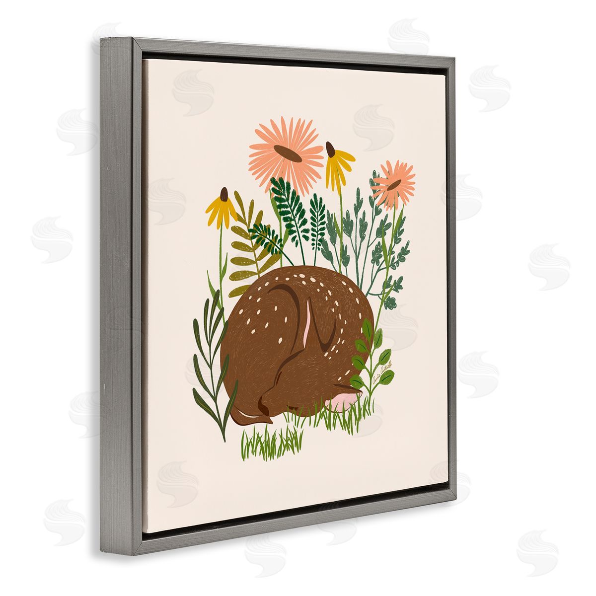 Sleeping Deer Among Daisies Grey Floating Frame Canvas Wall Art, Home Decor by Carrie Cantwell