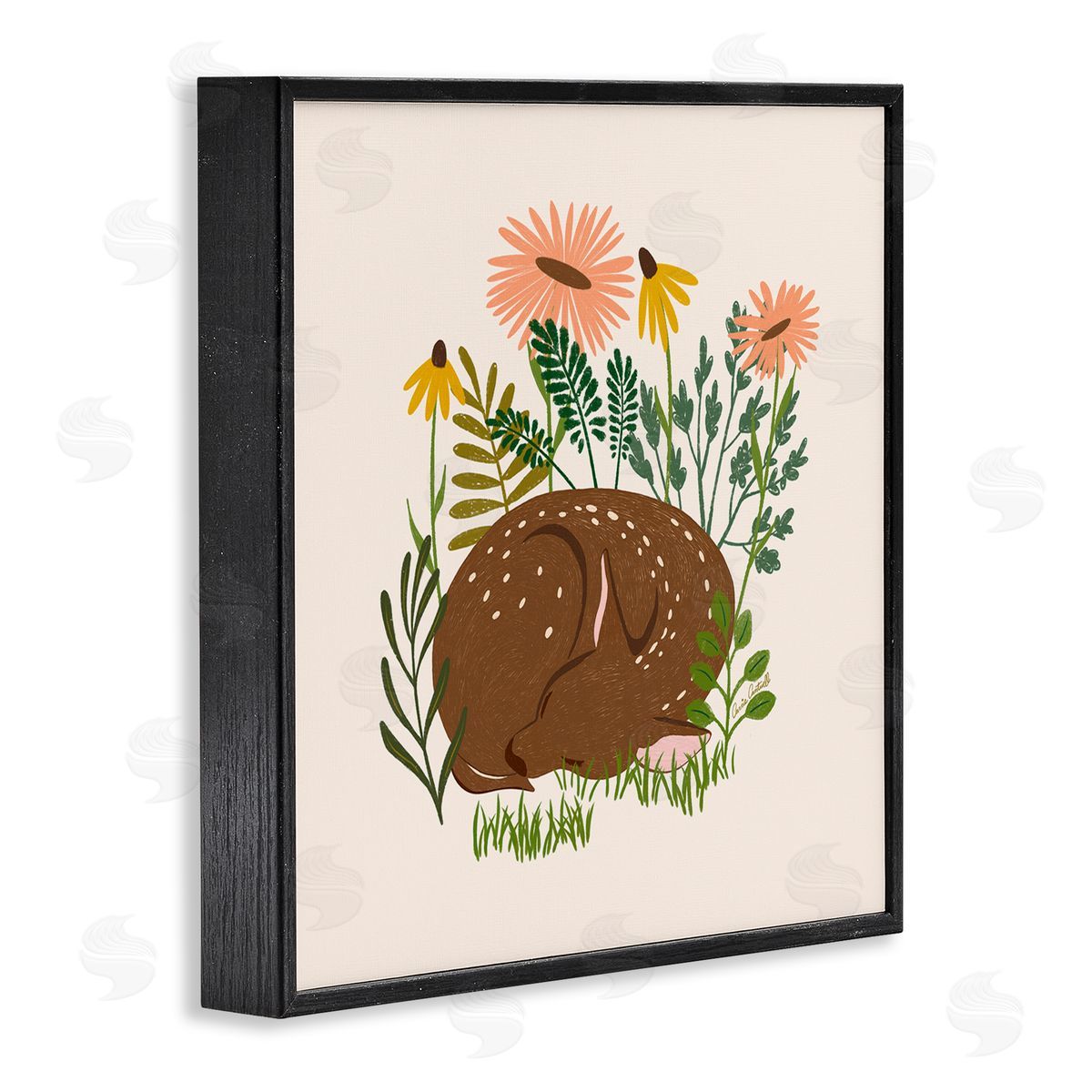 Sleeping Deer Among Daisies Black Frame Print Wall Art, Home Decor by Carrie Cantwell