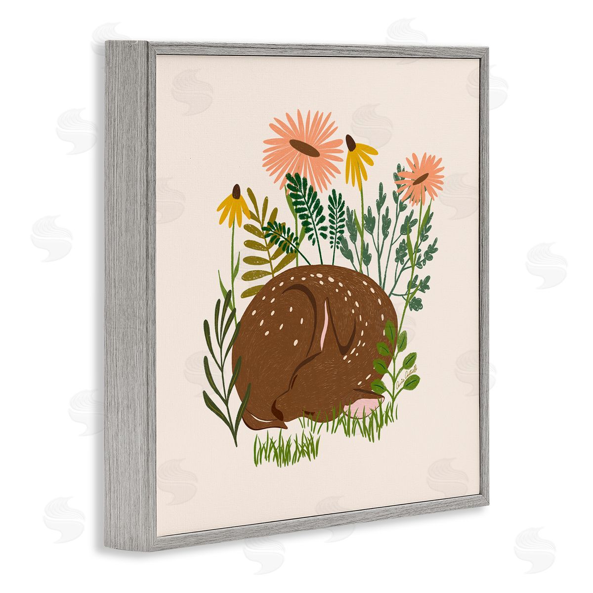 Sleeping Deer Among Daisies Grey Frame Print Wall Art, Home Decor by Carrie Cantwell