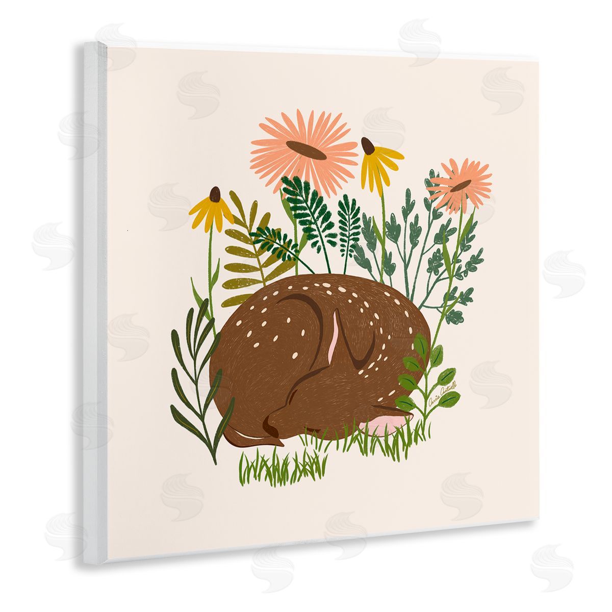 Sleeping Deer Among Daisies Wood Plaque Wall Art, Home Decor by Carrie Cantwell