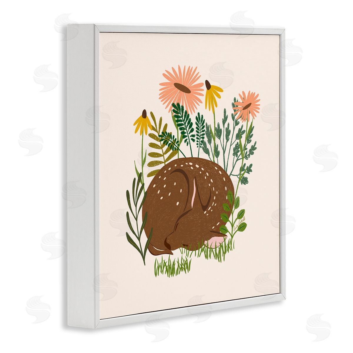 Sleeping Deer Among Daisies White Frame Print Wall Art, Home Decor by Carrie Cantwell