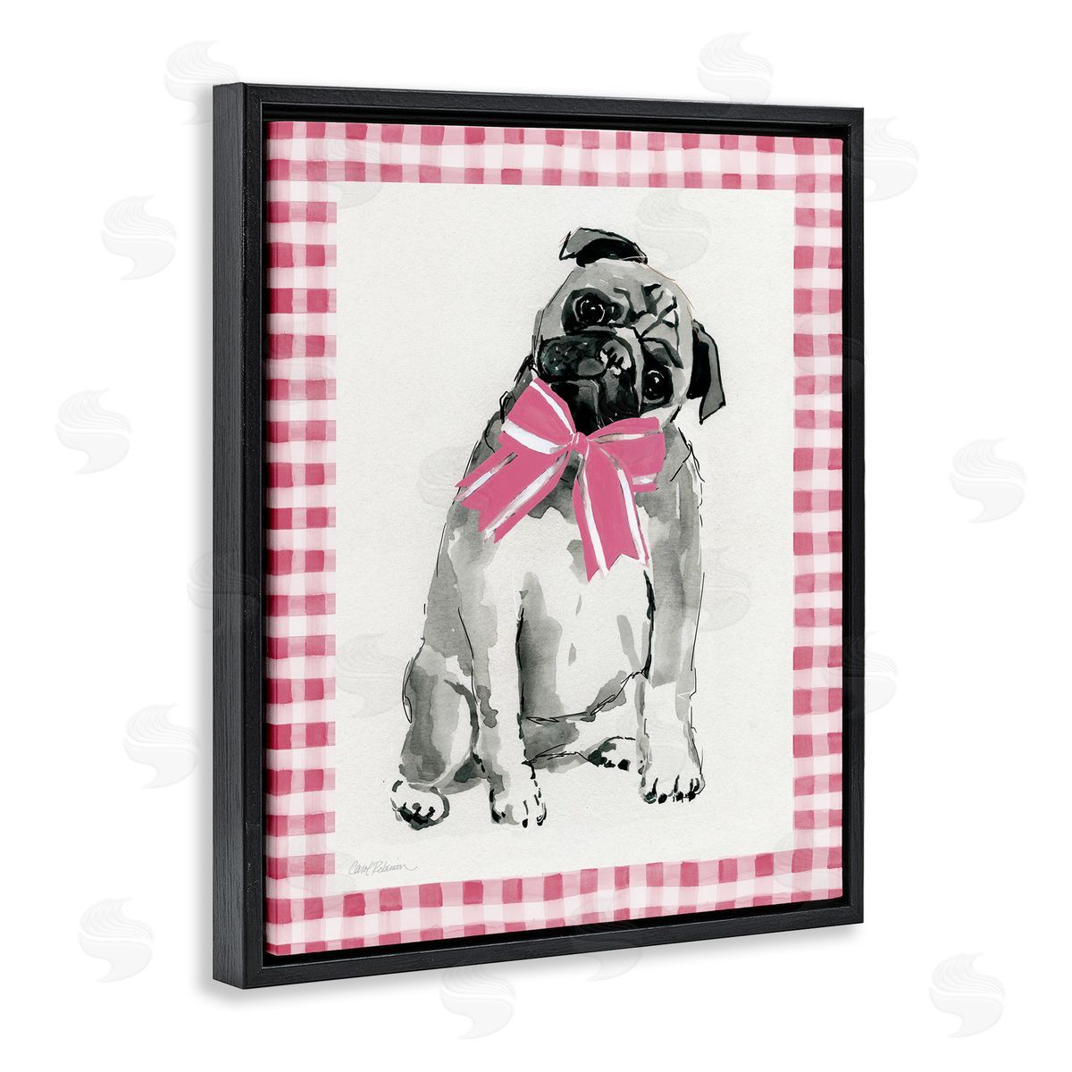 Pug with Plaid Border Black Floating Frame Canvas Wall Art, Home Decor by Carol Robinson