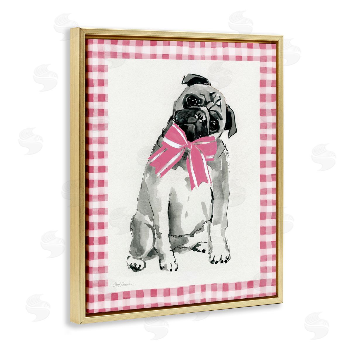 Pug with Plaid Border Gold Floating Frame Canvas Wall Art, Home Decor by Carol Robinson