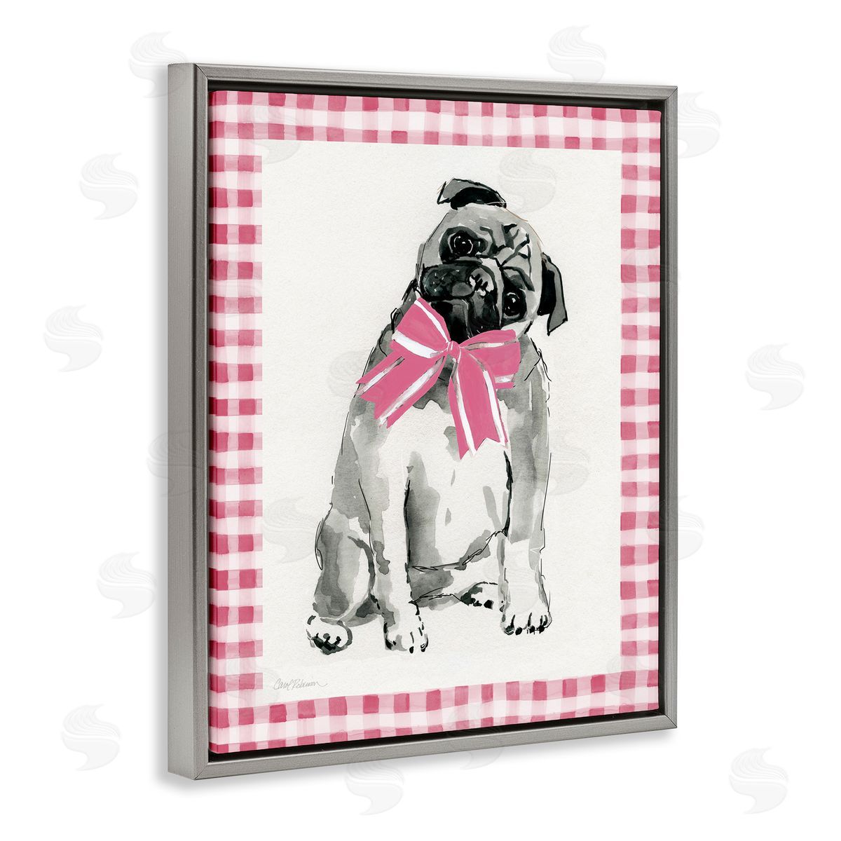 Pug with Plaid Border Grey Floating Frame Canvas Wall Art, Home Decor by Carol Robinson