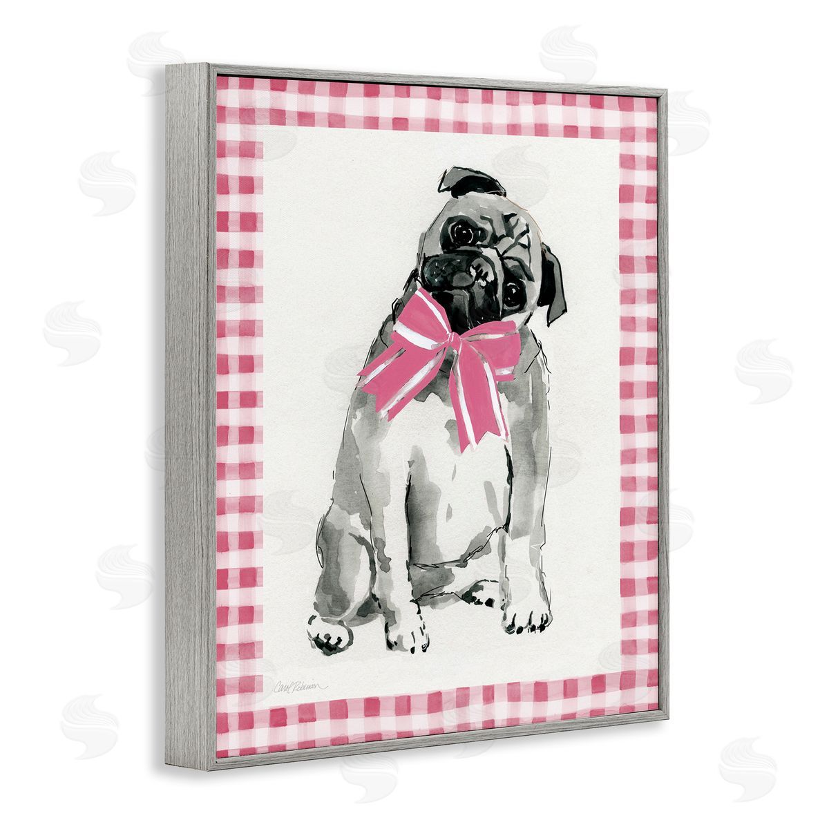 Pug with Plaid Border Grey Frame Print Wall Art, Home Decor by Carol Robinson