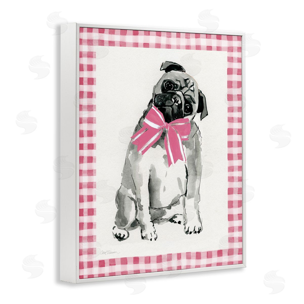 Pug with Plaid Border White Frame Print Wall Art, Home Decor by Carol Robinson