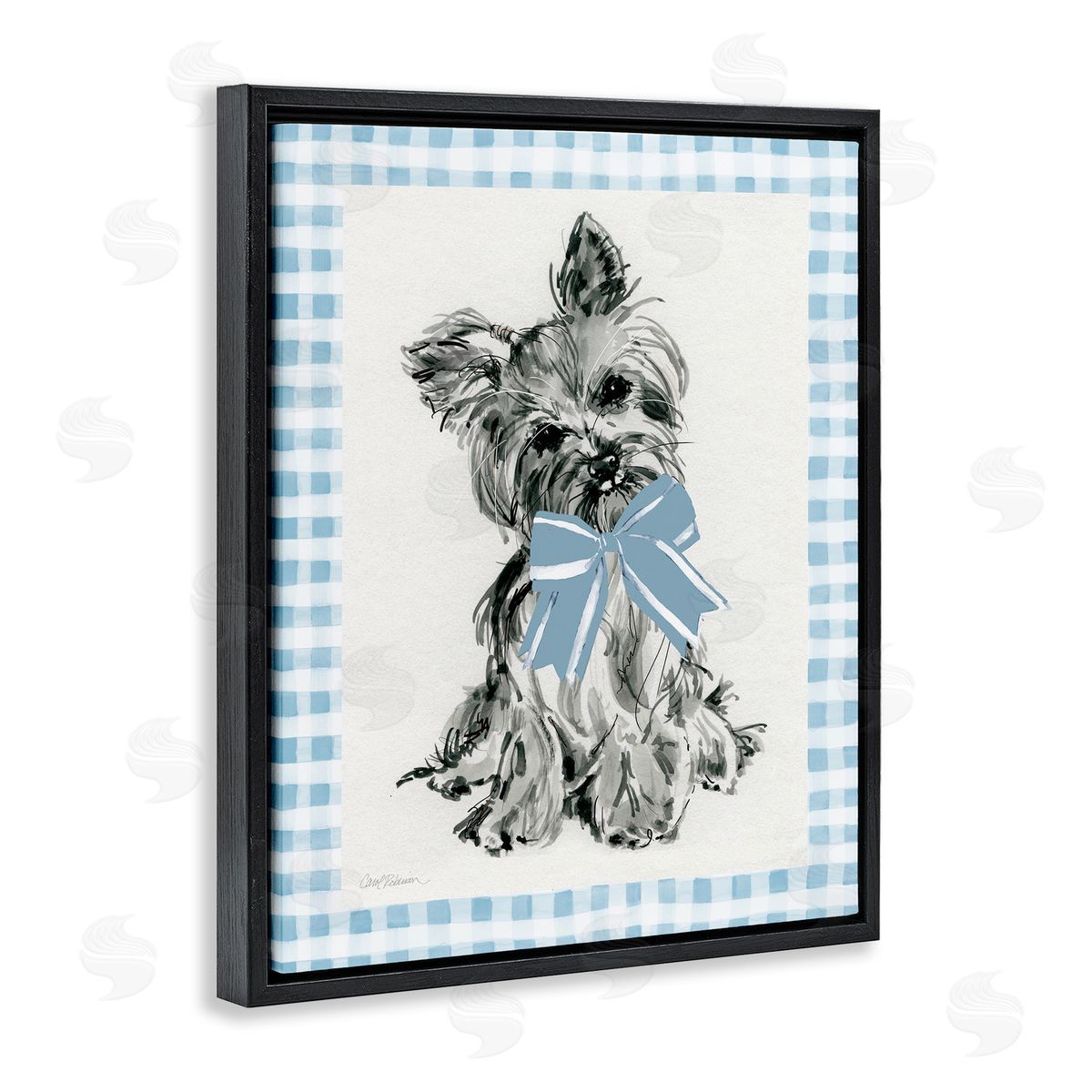 Yorkie with Plaid Border Black Floating Frame Canvas Wall Art, Home Decor by Carol Robinson