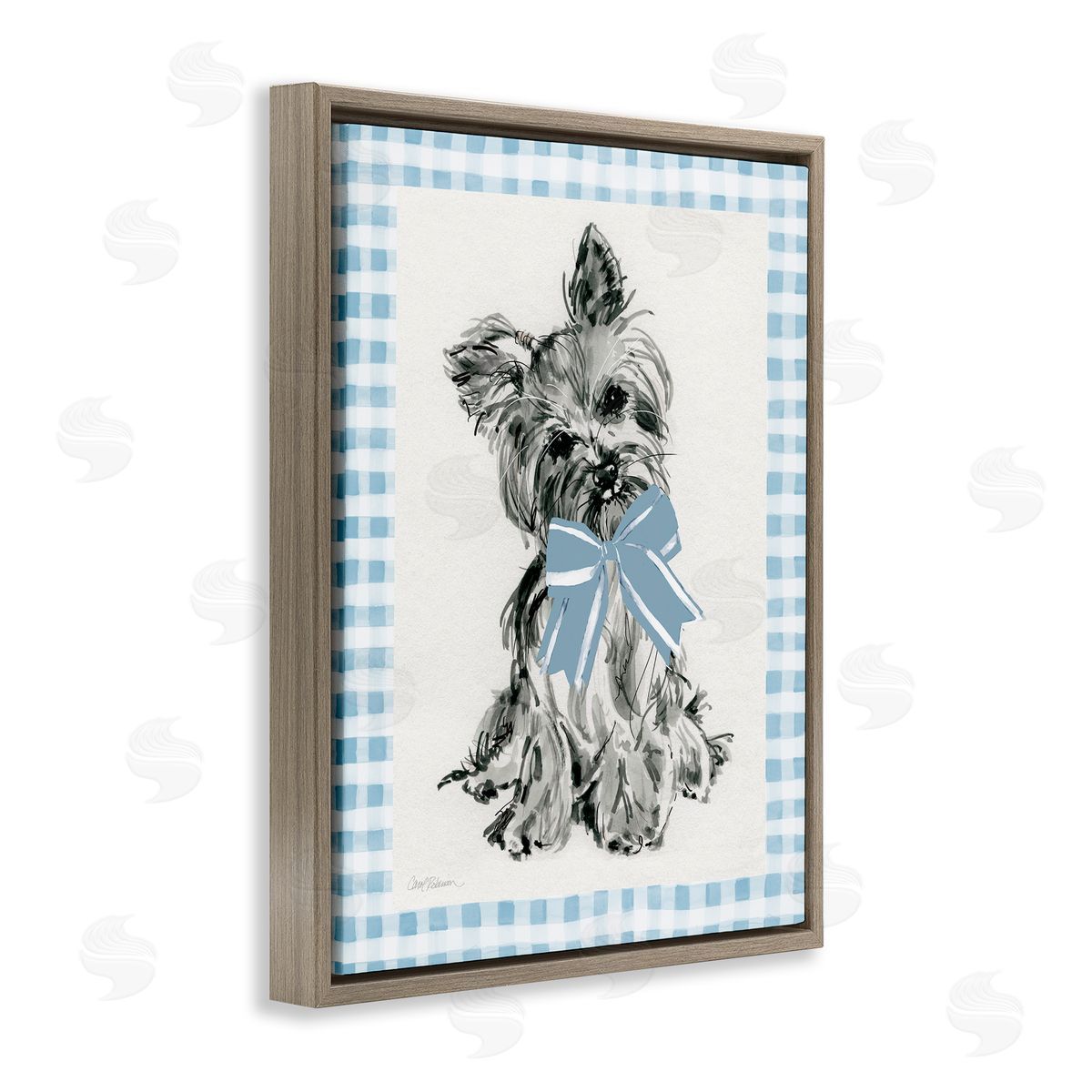 Yorkie with Plaid Border Brown Floating Frame Canvas Wall Art, Home Decor by Carol Robinson