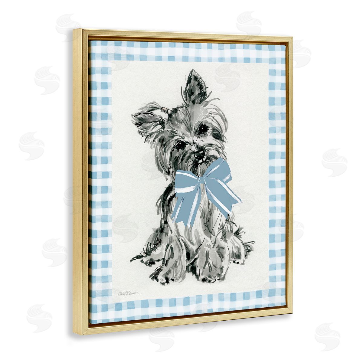 Yorkie with Plaid Border Gold Floating Frame Canvas Wall Art, Home Decor by Carol Robinson