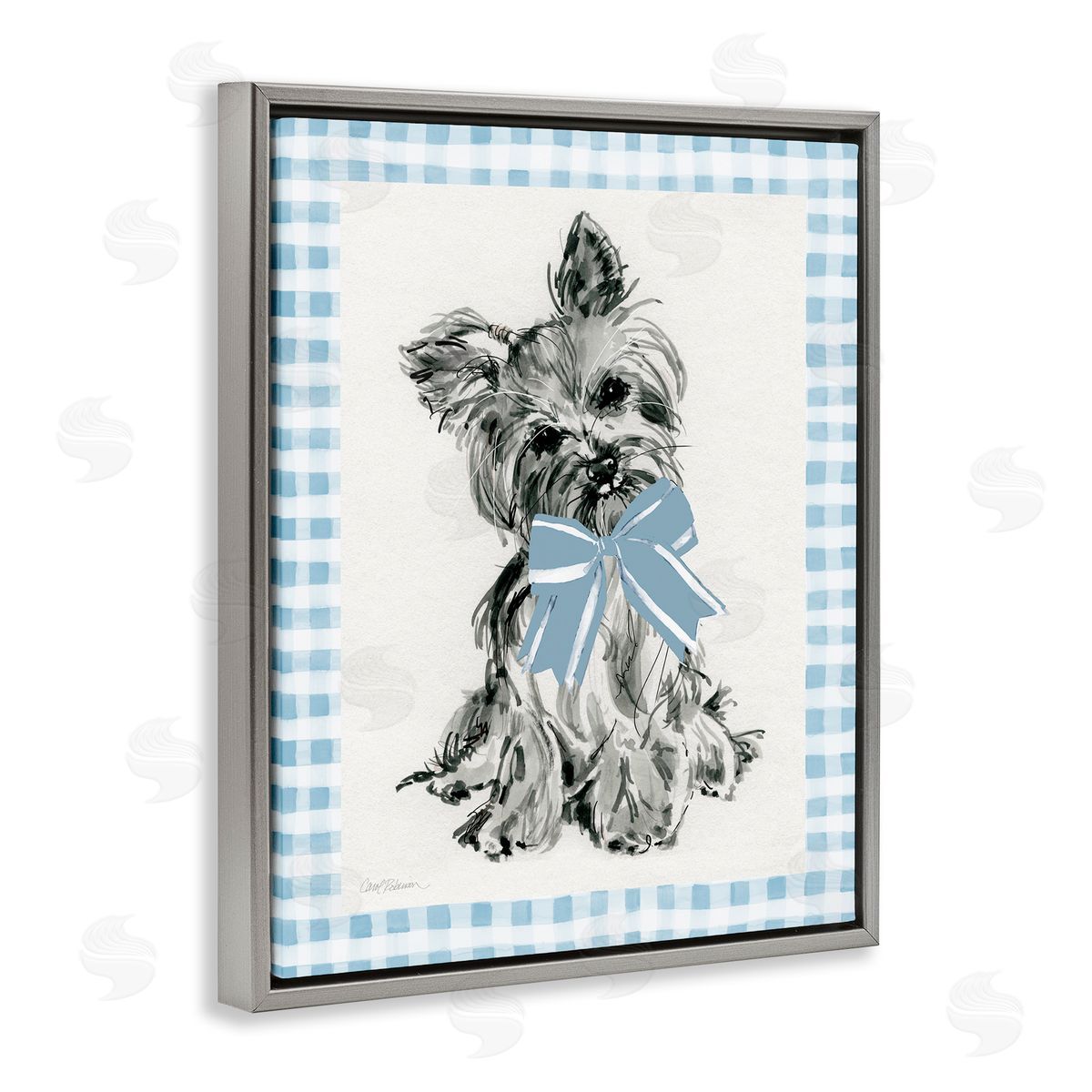 Yorkie with Plaid Border Grey Floating Frame Canvas Wall Art, Home Decor by Carol Robinson