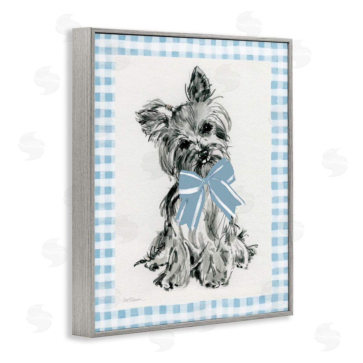Yorkie with Plaid Border Grey Frame Print Wall Art, Home Decor by Carol Robinson