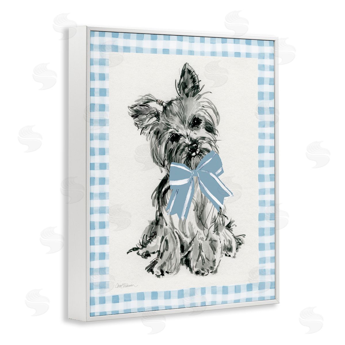 Yorkie with Plaid Border White Frame Print Wall Art, Home Decor by Carol Robinson