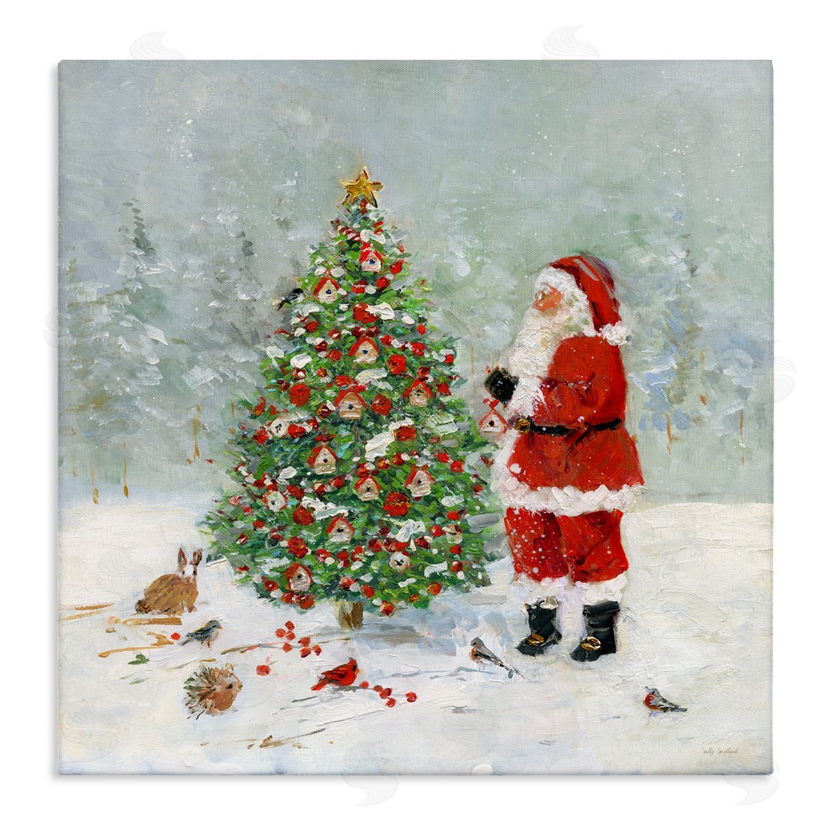 Santa with Birdhouse Tree Canvas Wall Art, Home Decor by Sally Swatland