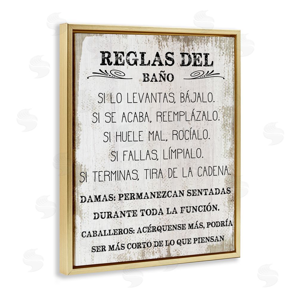 Stupell Studio Reglas Divertidas del Baño Gold Floating Frame Canvas Wall Art Print