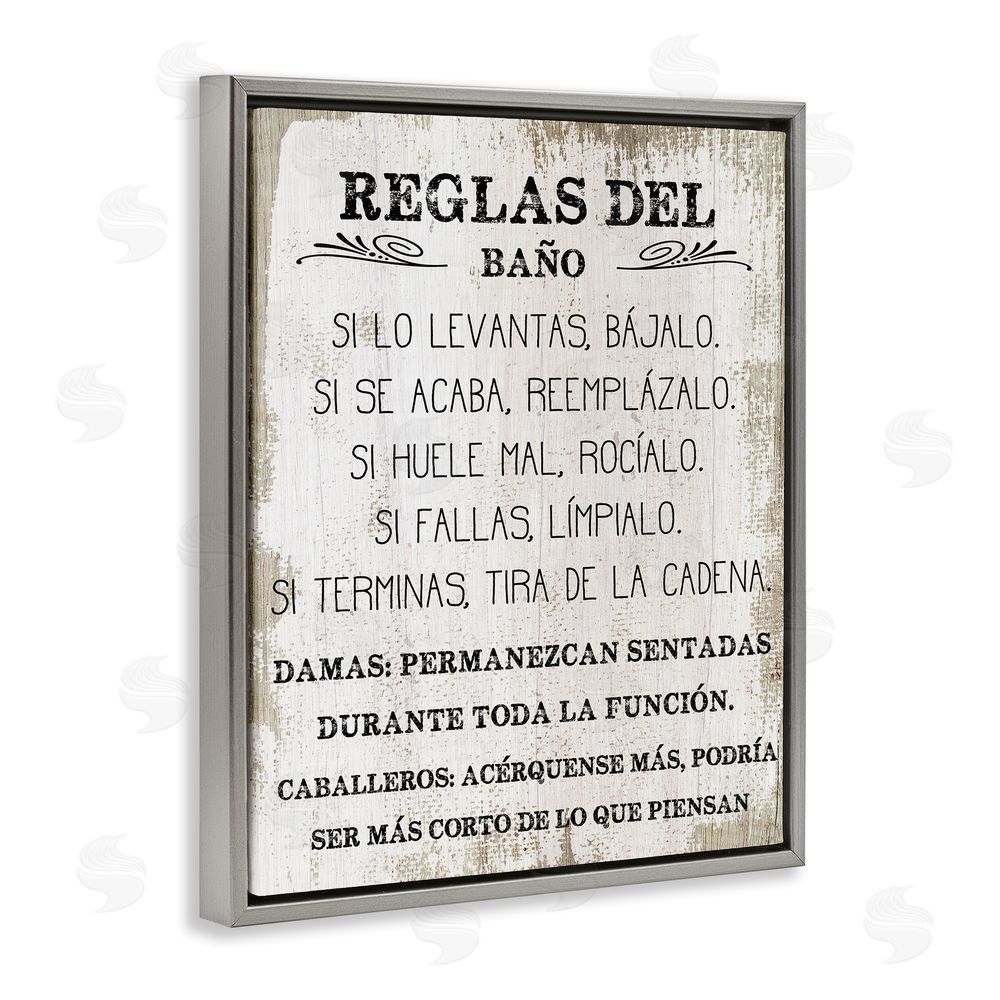 Stupell Studio Reglas Divertidas del Baño Gray Floating Frame Canvas Wall Art Print
