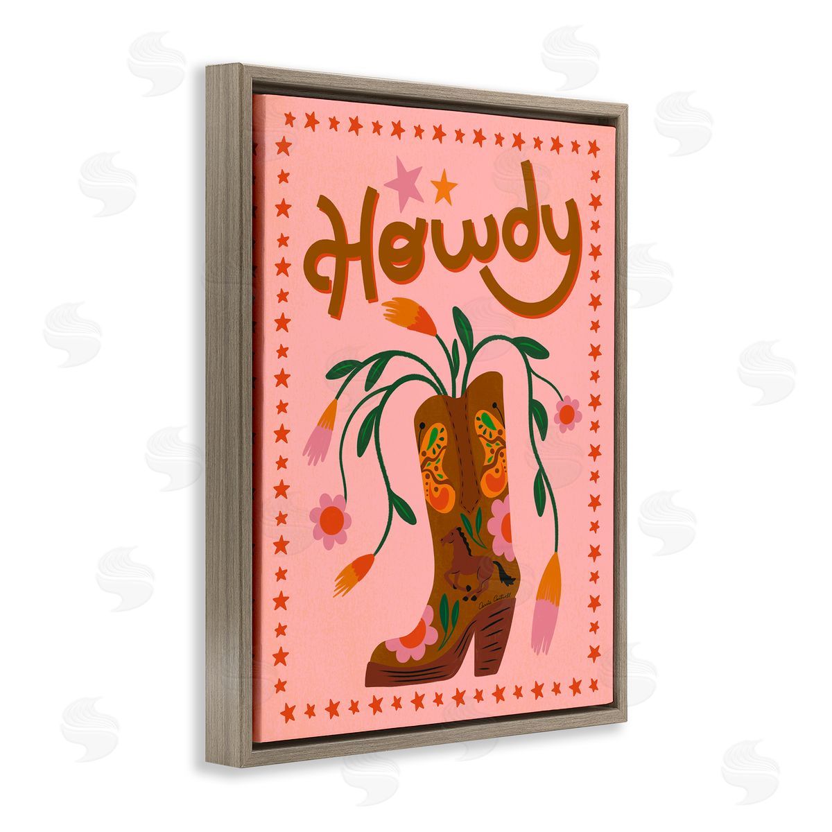 Carrie Cantwell Howdy Floral Cowgirl Boots Brown Floating Frame Canvas Wall Art Print