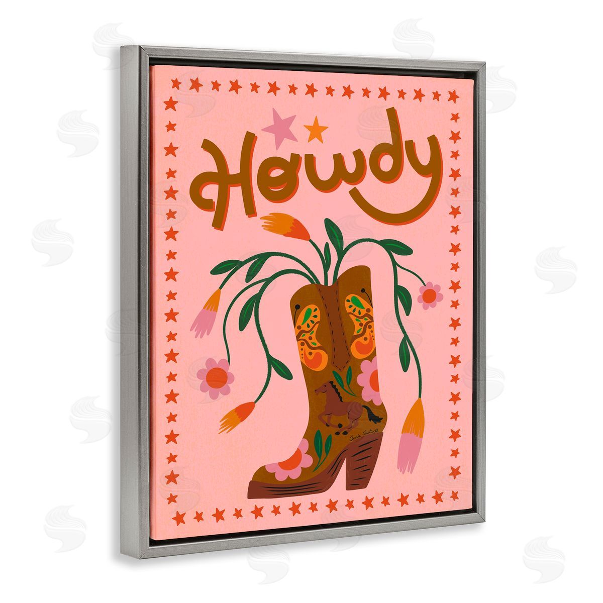 Carrie Cantwell Howdy Floral Cowgirl Boots Gray Floating Frame Canvas Wall Art Print