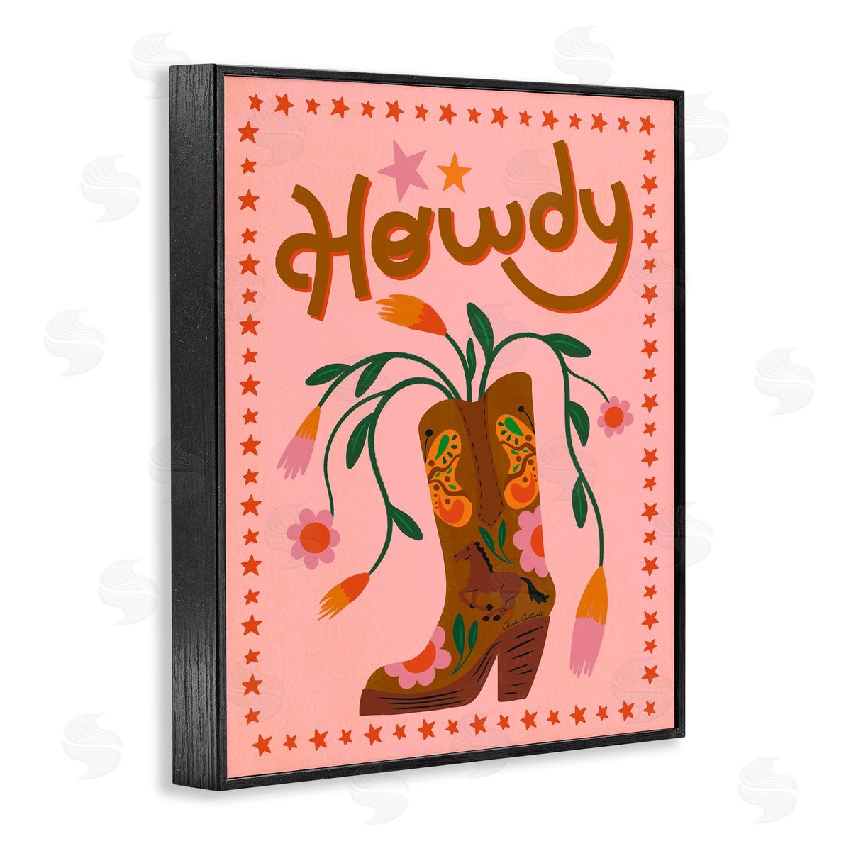 Carrie Cantwell Howdy Floral Cowgirl Boots Black Framed Giclee Wall Art Print