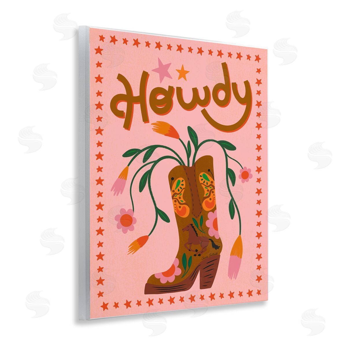 Carrie Cantwell Howdy Floral Cowgirl Boots Wooden Wall Plaque Art Print