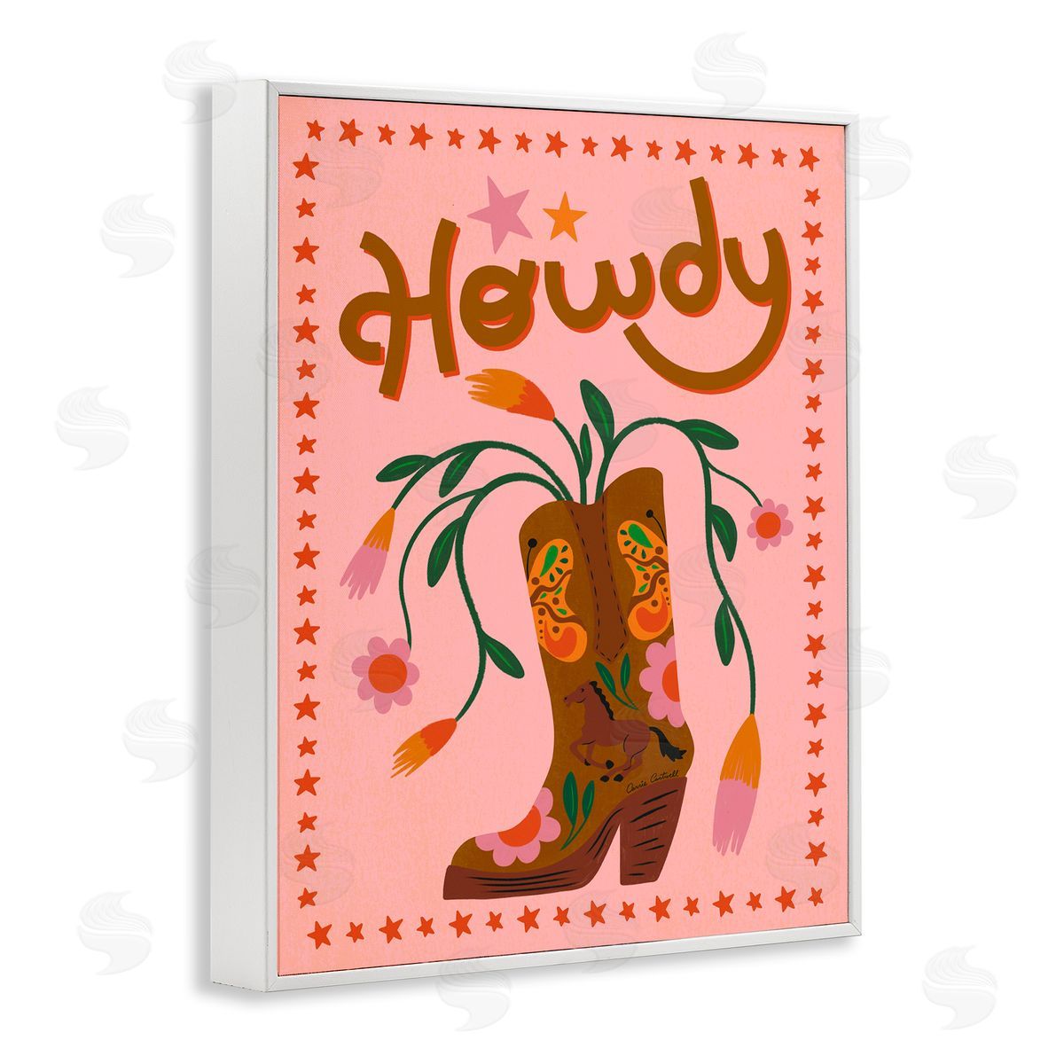 Carrie Cantwell Howdy Floral Cowgirl Boots White Framed Giclee Wall Art Print