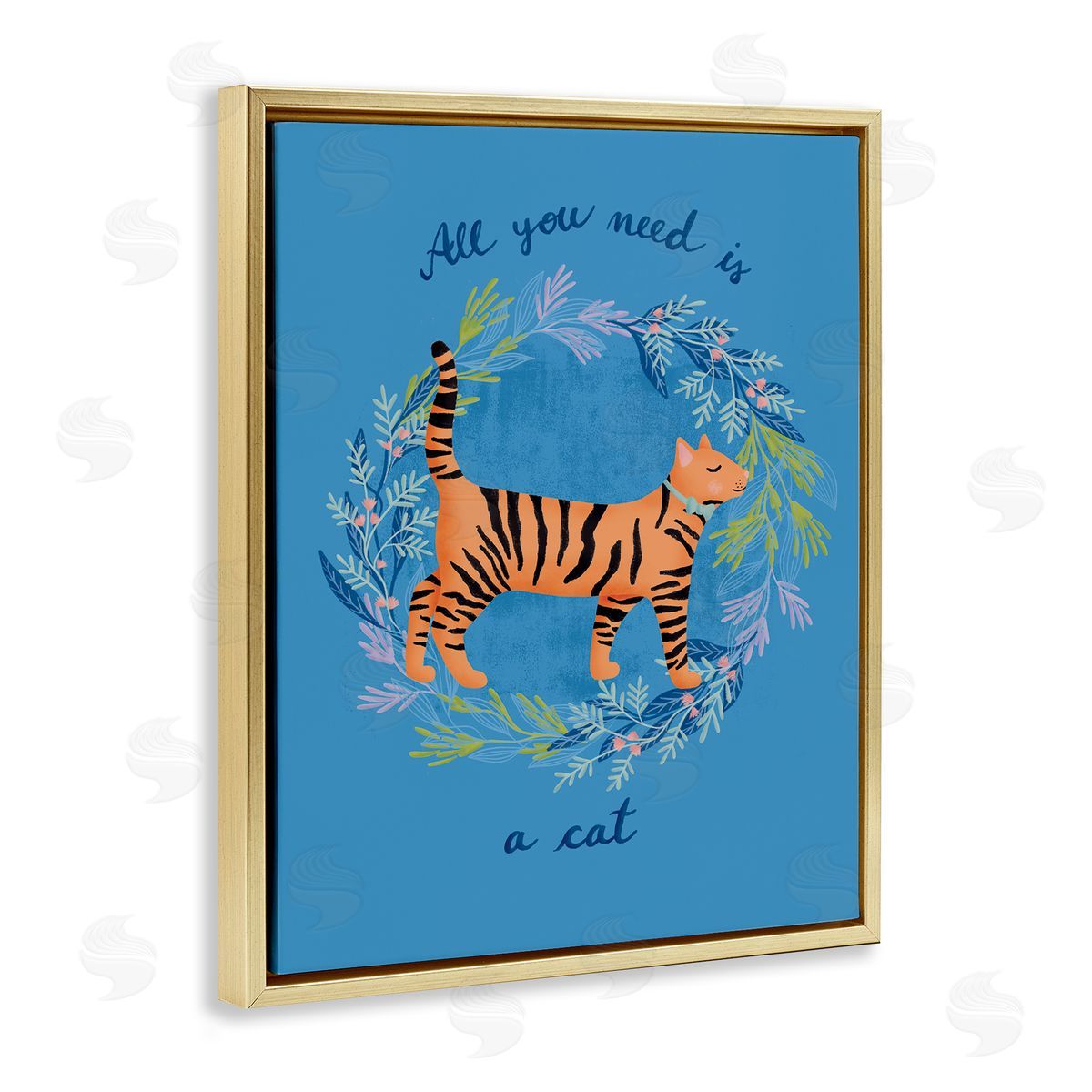 Metka Hiti Orange Cat on Wreath Gold Floating Frame Canvas Wall Art Print